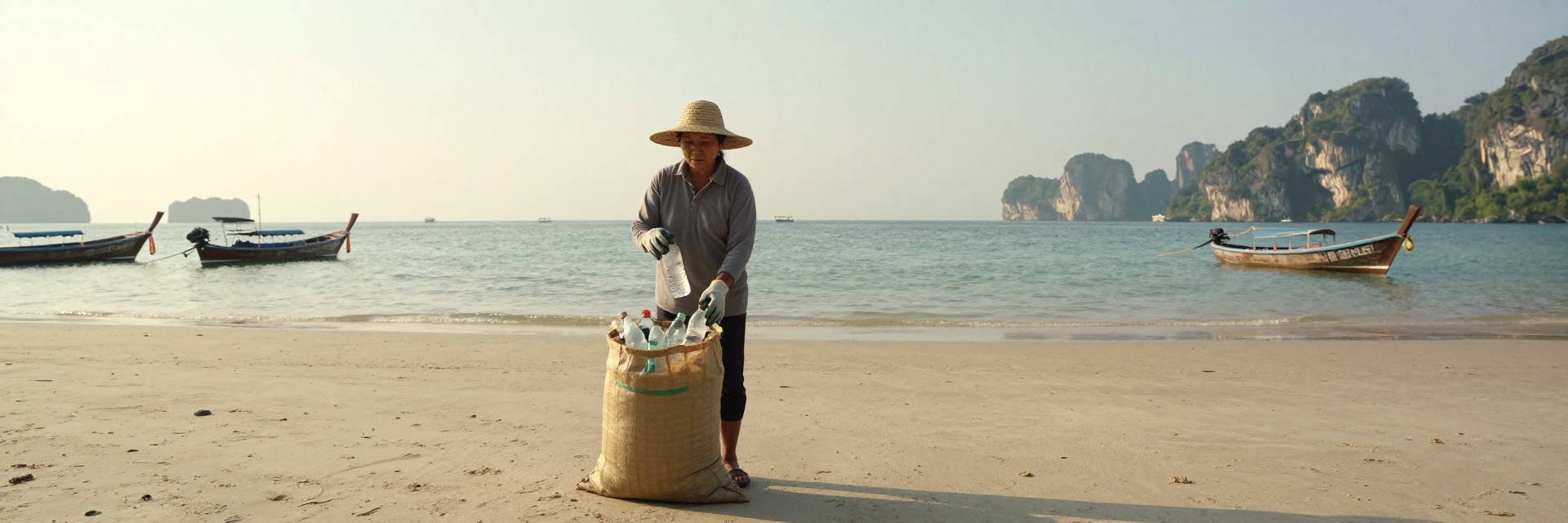 ภาพประกอบ: คนเก็บของเก่ากำลังเก็บขวด PET ใส่กระสอบบนชายหาดที่กระบี่
