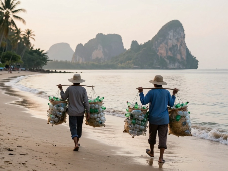 ภาพประกอบ: คนเก็บของเก่าสองคนหาบขวด PET เดินเลียบชายหาดตอนเช้า