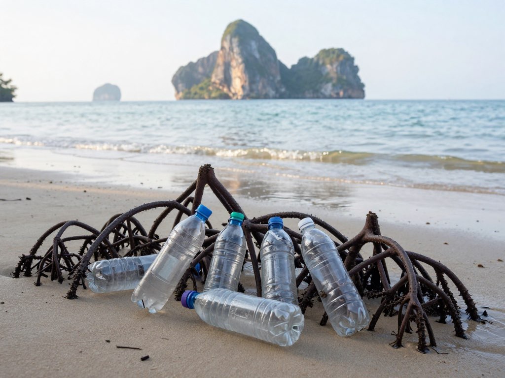 ภาพประกอบ: ขวดพลาสติกใสติดอยู่ตามรากไม้ริมชายหาด มีเกาะหินปูนอยู่ไกลๆ